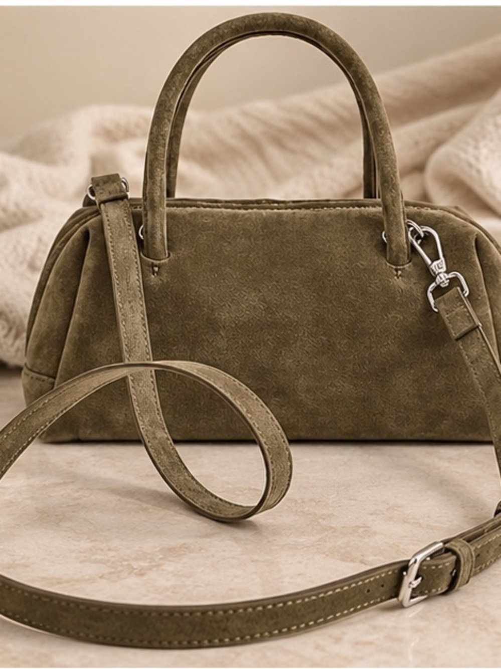 Olive Suede Bowling Bag Top Handle Crossbody Shoulder Bag